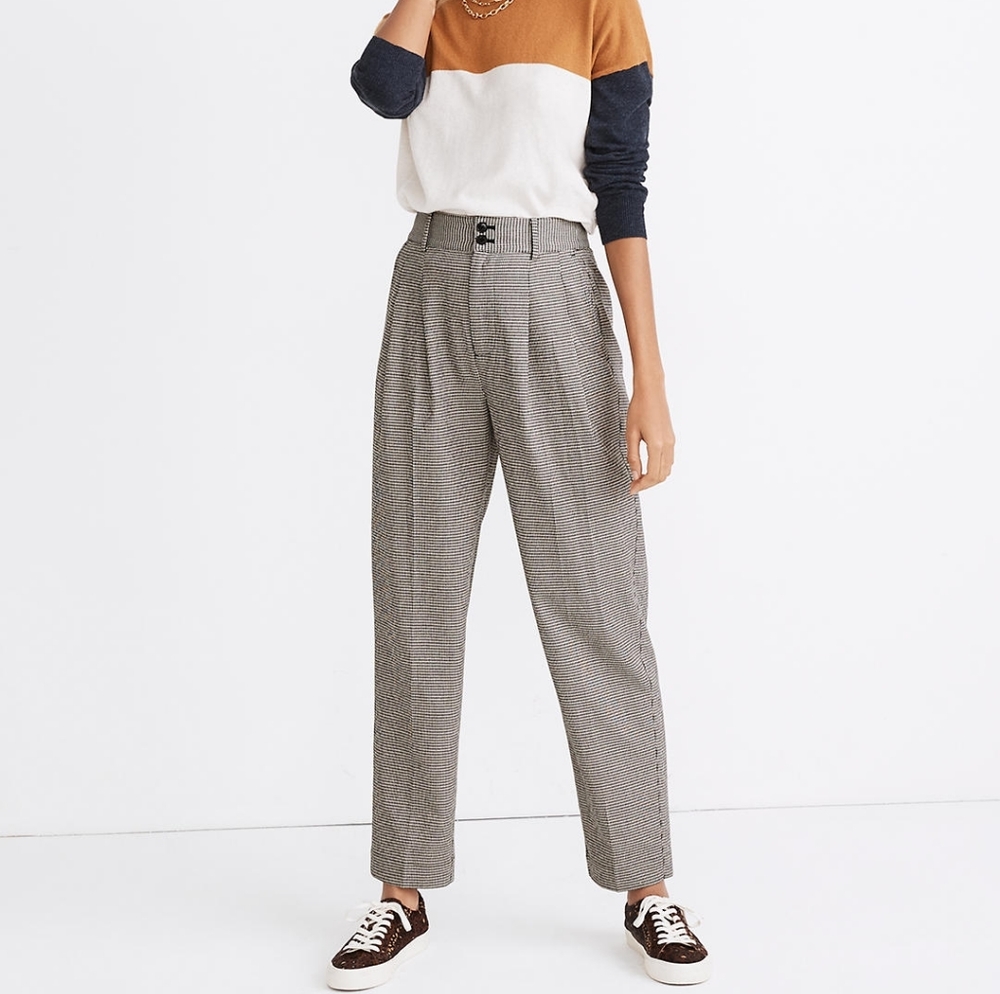 Madewell Pleated Taper Wide Leg Pants- Houndstooth